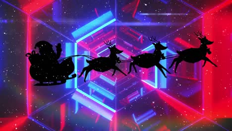 nieve cayendo sobre santa claus en trineo siendo tirado por renos contra el túnel brillante
