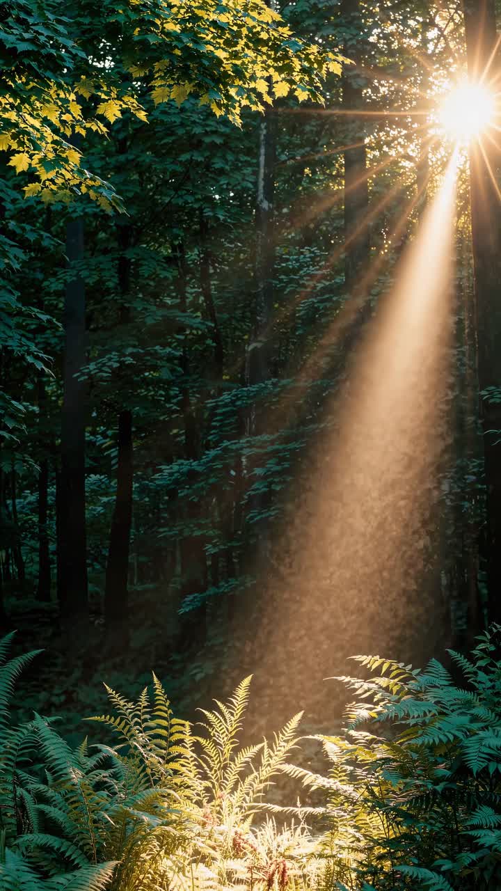 Sunlight beams through dense forest canopy, illuminating ferns below
