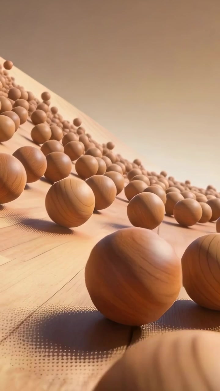 Vidéo verticale : Billes en bois roulantes dévalant une planche inclinée sous l'effet de la gravité, avec un ciel chaleureux en arrière-plan.
