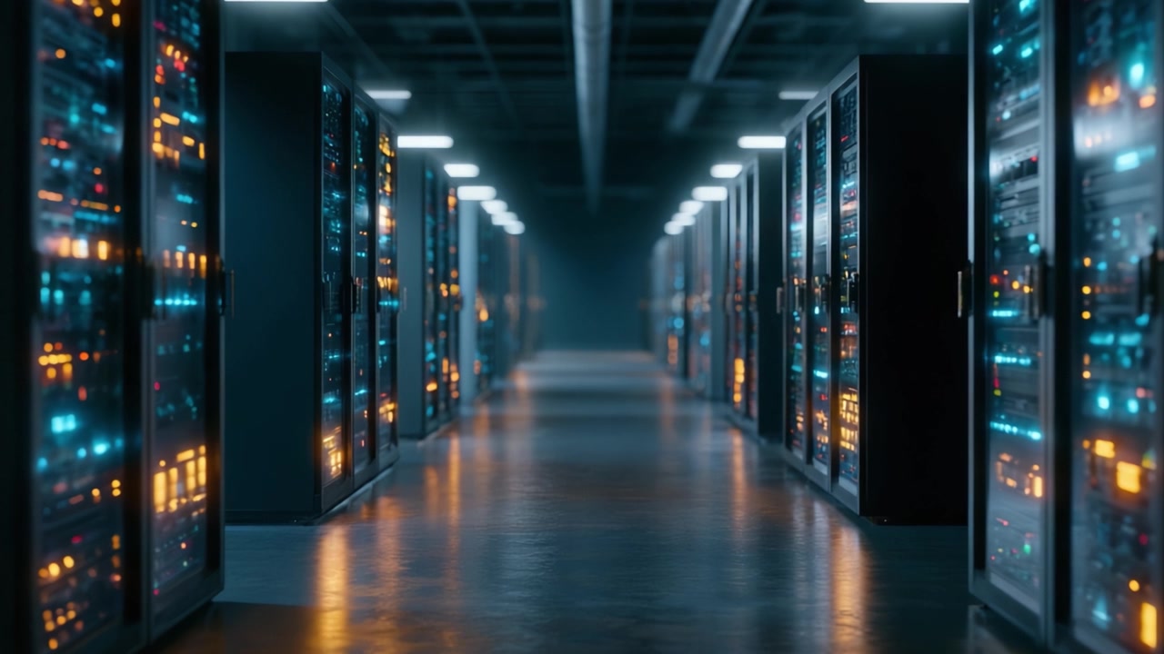 A captivating view of an expansive server room illuminated by vibrant LED lights, showcasing rows of high-tech servers in a modern data center environment.