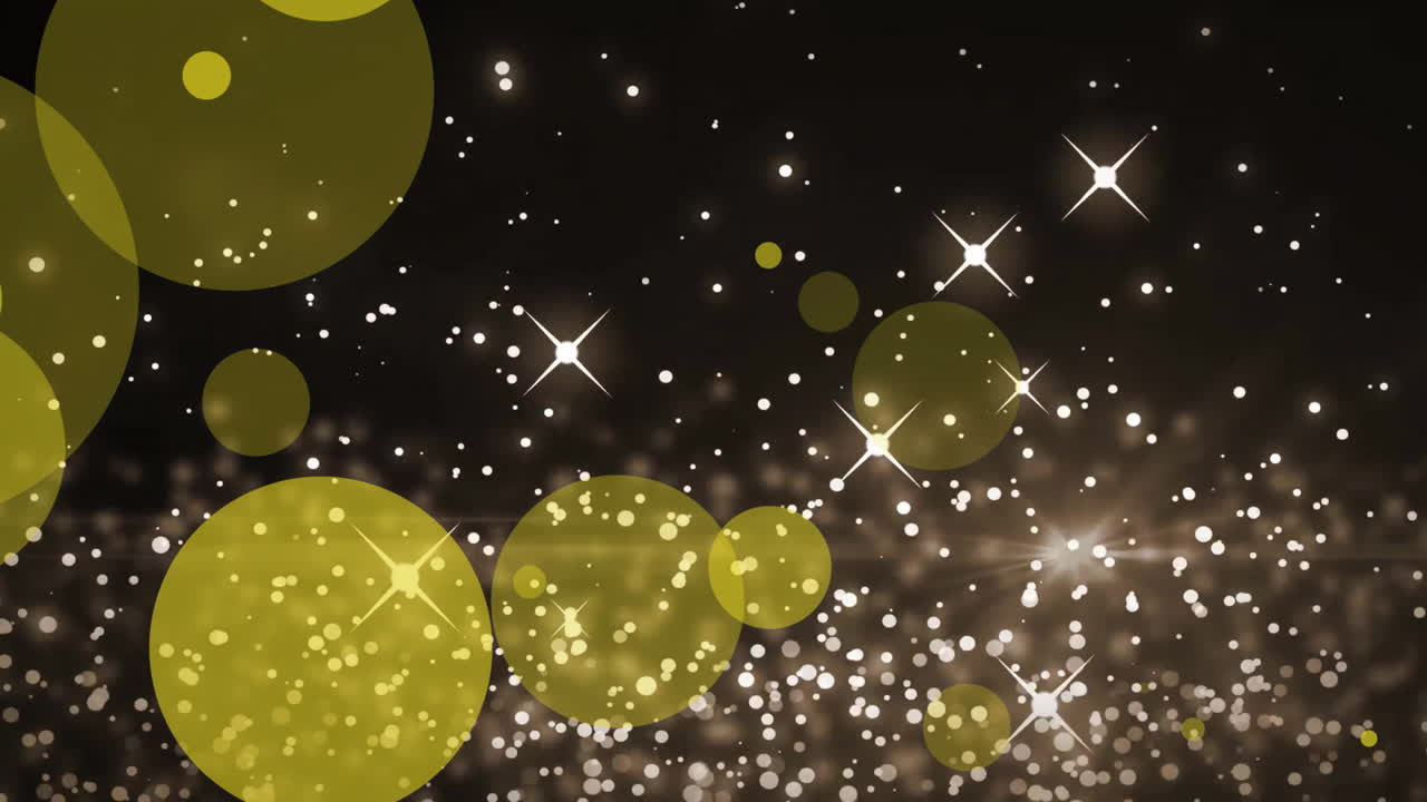 크리스마스 스노우플레이크가 떨어지고 검은 바탕에 빛의 반점이 있는 애니메이션