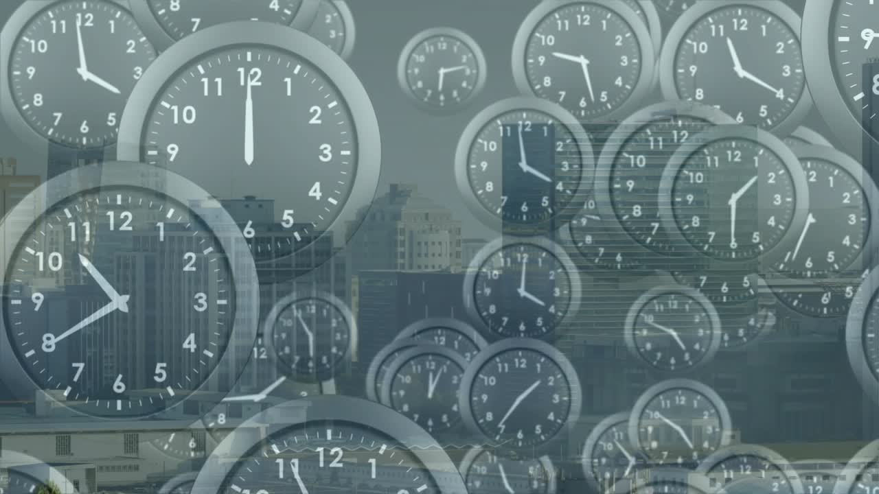 At start faint analog clocks drifting over cloudy skyline swirling fading while showing time flow