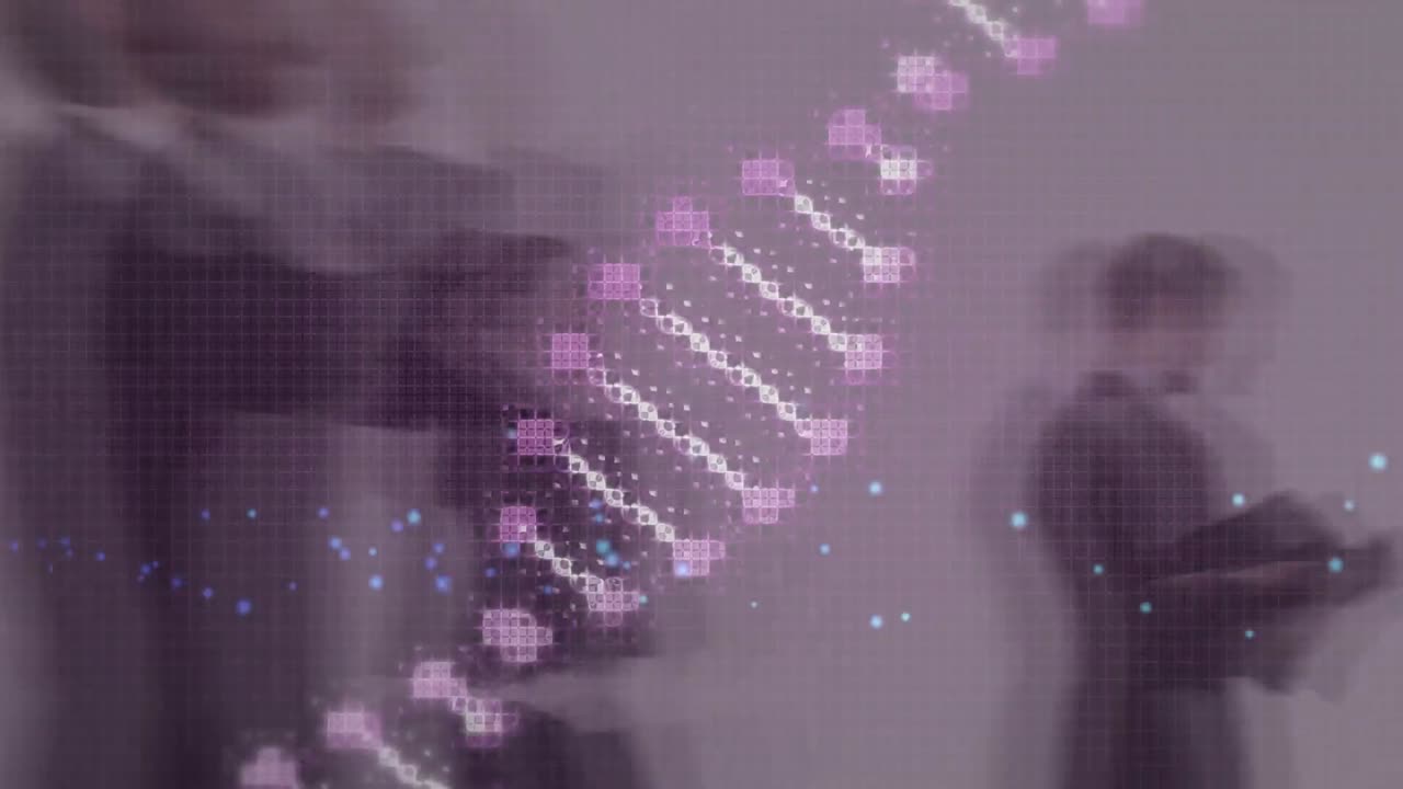 Animation af roterende DNA-streng over fodgængere i hurtig bevægelse.