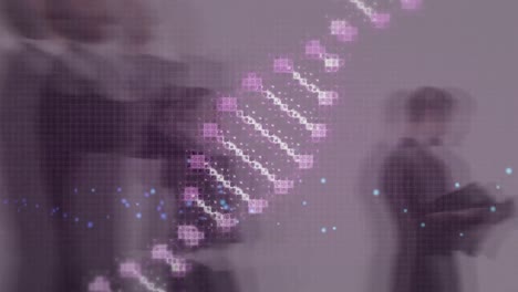 Animation-of-dna-strand-spinning-over-pedestrians-walking-in-fast-motion