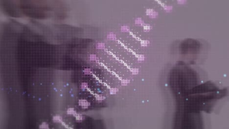 animación de la cadena de adn girando sobre los peatones que caminan en movimiento rápido
