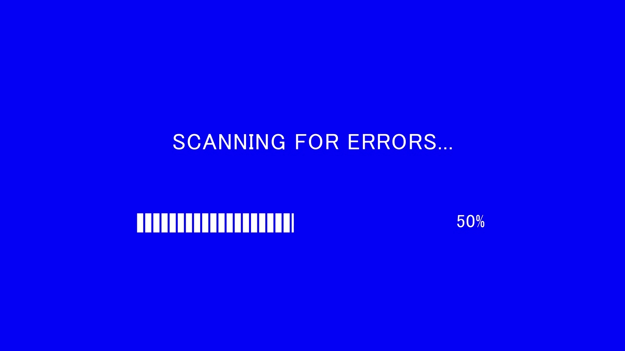 Retro TV screen showing scanning for errors message with loading bar on blue background, seamless loop