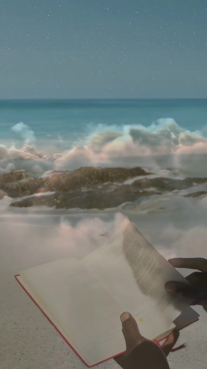 Video verticale: Uomo maturo sfoglia le pagine di un libro sulla sabbia, la mano destra crea una foschia sognante per il viaggio.