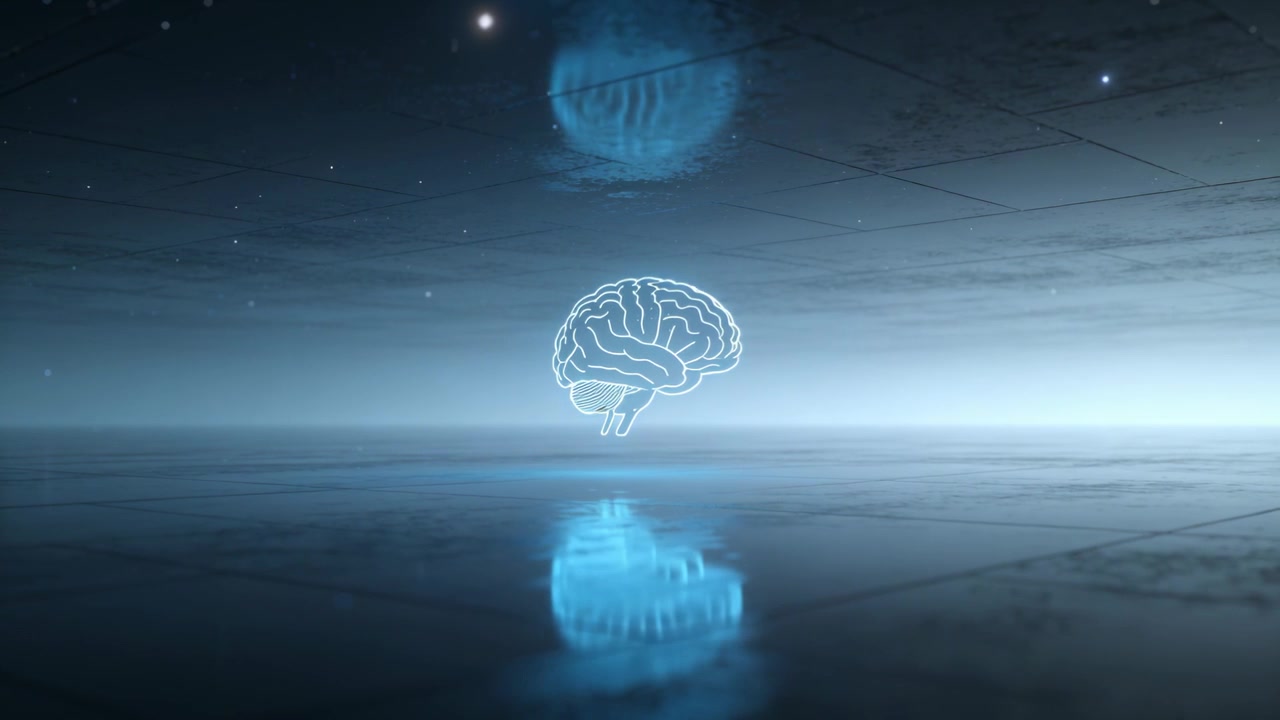 Pulsing neon brain outline and reflection following brightness pulse on mirror plane with blue orb