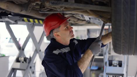 auto mechanic in helmet working underneath car lifting machine at the garage