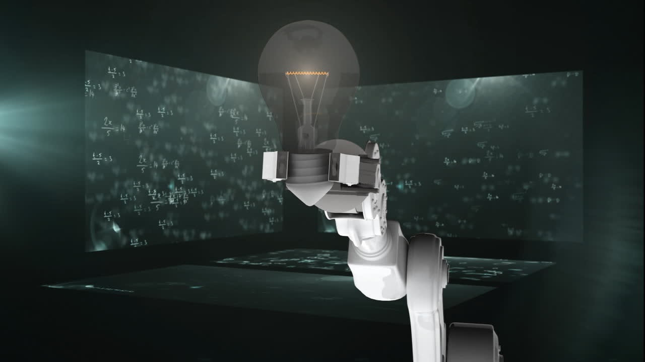 전구를 들고 있는 로 ⁇ 과 함께 칠판에 손으로 쓰여진 수학 방정식의 애니메이션