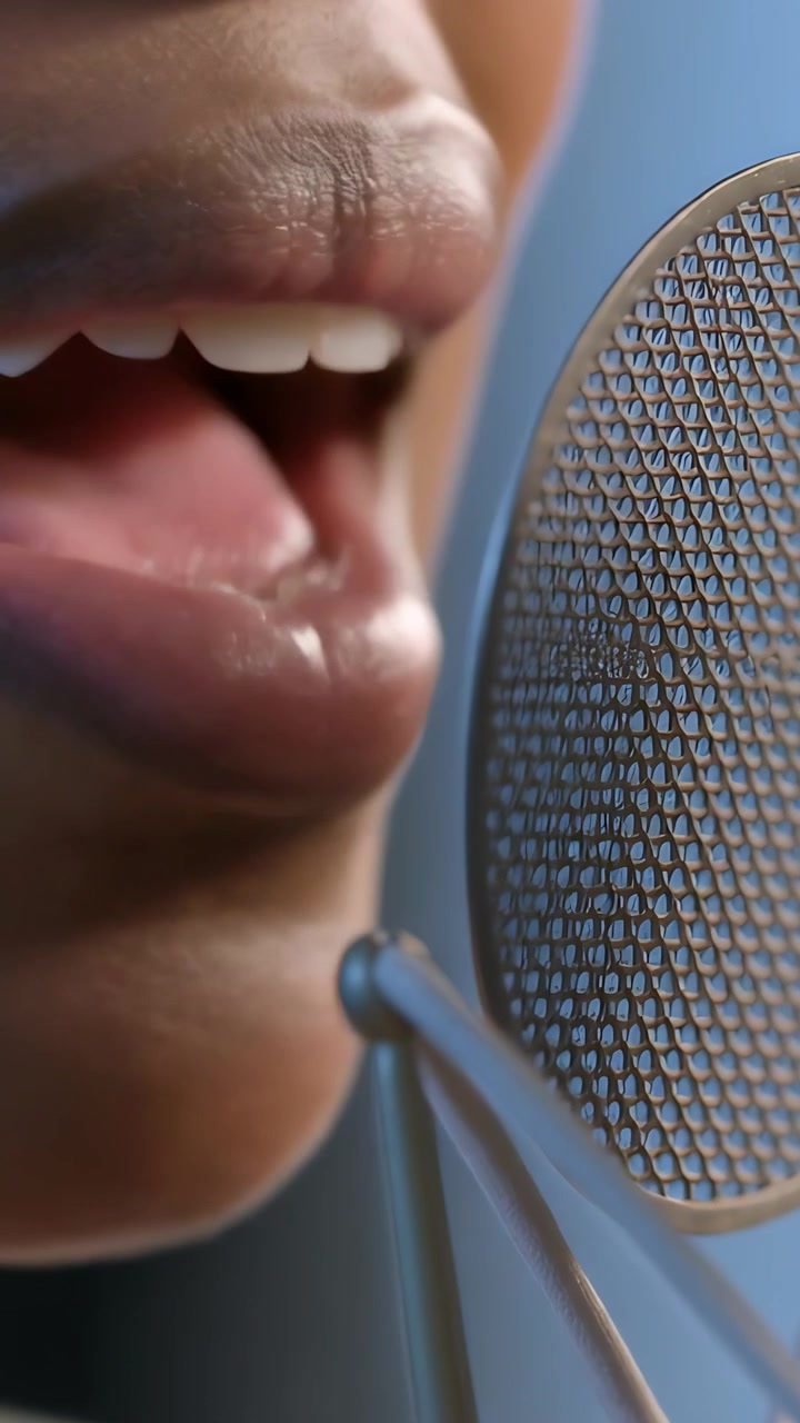 Video verticale: Cantante che prende fiato e modella una frase vocale in studio per registrare con microfono e filtro anti-pop.