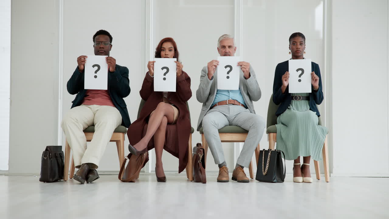 Group of candidates holding question mark signs during job interview