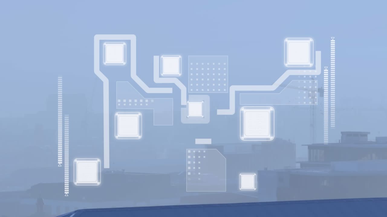Animation of network of connections with icons over cityscape