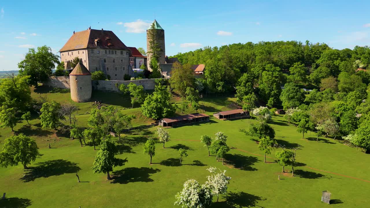 4K Aerial Drone Video of the Grounds Surrounding the Beautiful and Historic Colmberg Castle near Ansbach, Germany in Bavaria
