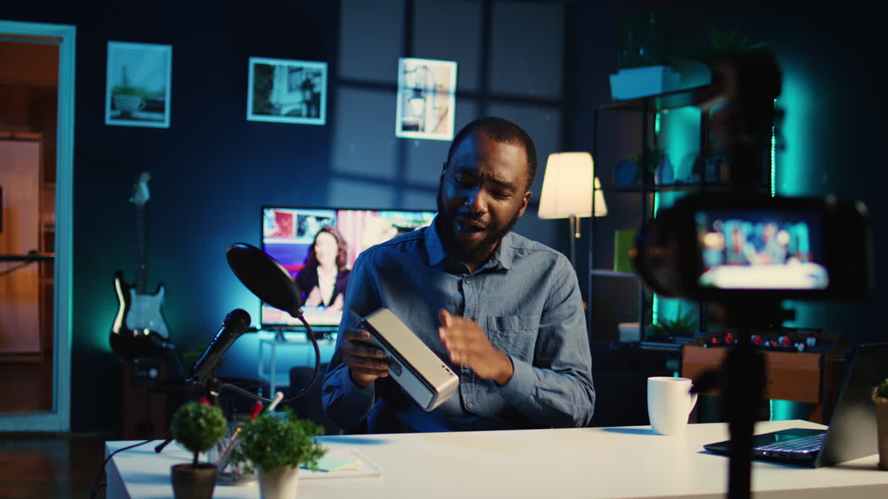 Content creator speaker review in studio