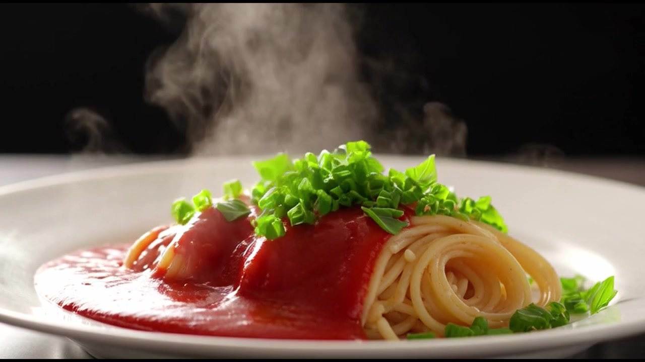 Salsa di Pomodoro Versata su Spaghetti Fumanti