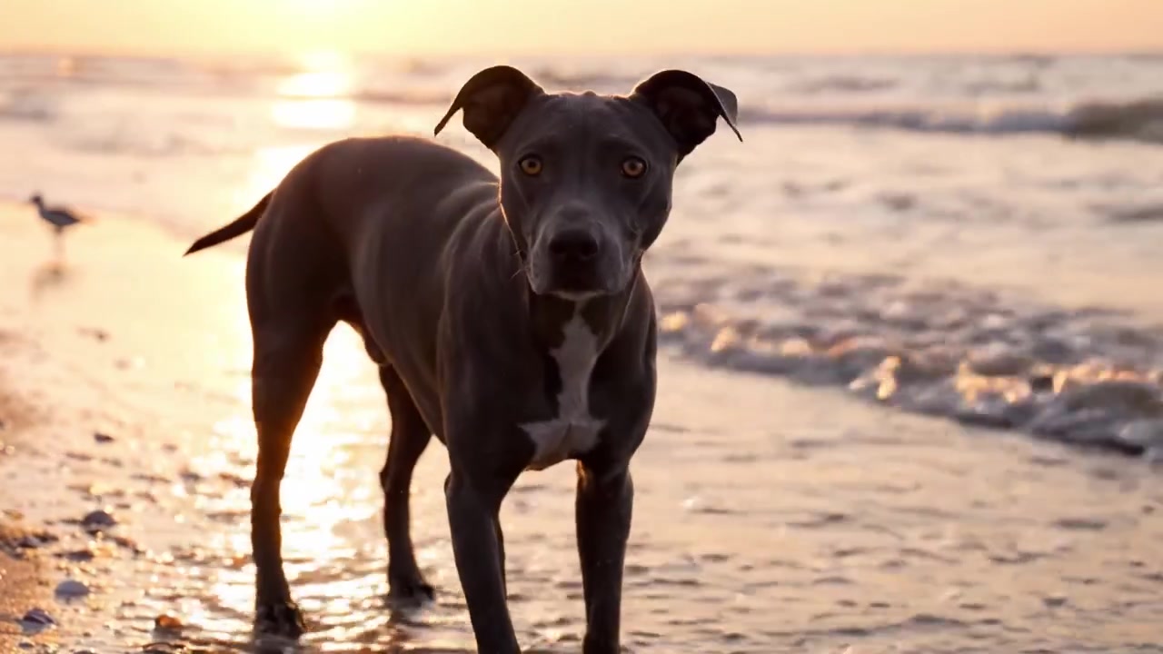 Un cane maestoso in piedi serenamente su una spiaggia al tramonto, che osserva le onde e i gabbiani, catturando la bellezza di una serata tranquilla in riva al mare.