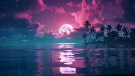 A dreamy, surreal video scene of a tropical beach at night. Low-angle shot captures a pink moon