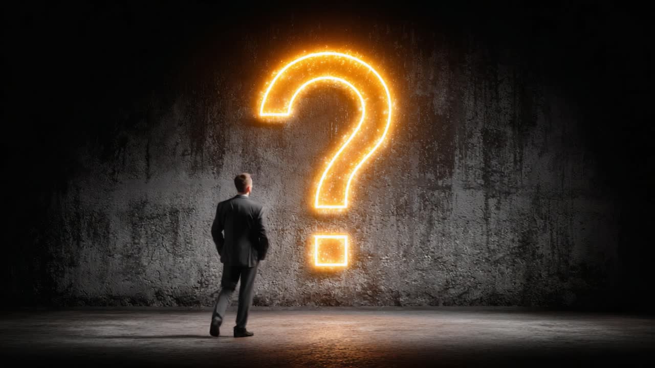 A Contemplative Man Standing in Front of an Illuminated Question Mark Symbolizing Uncertainty and Reflection in a Darkened Setting