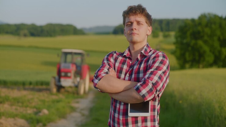 Portrait of Proud Young Farmer with Tractor in Field