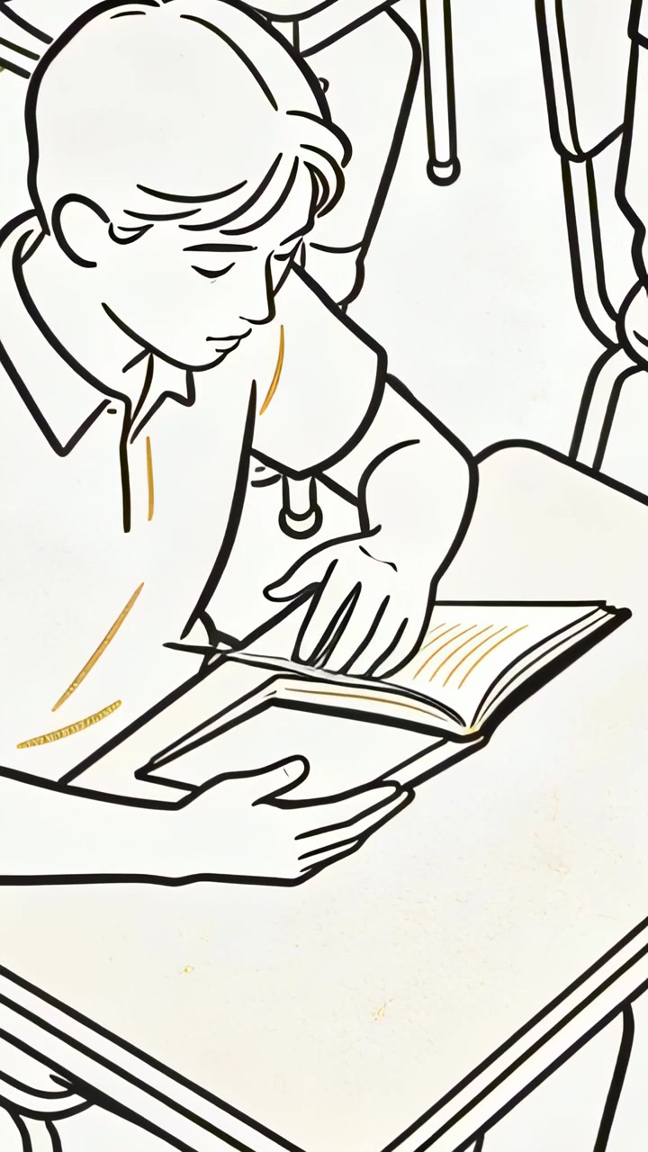 Vertical video: Starting student reading and turning pages at class desk with open book, notes