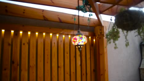 Rack-Shot-Of-Wooden-Pergola-At-Courtyard-Of-a-Fabulous-Cottage-House,-Jeddah,-Saudi-Arabia