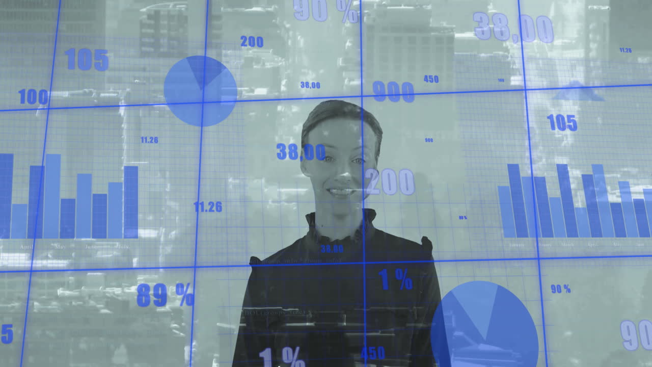 animación del procesamiento de datos financieros sobre una mujer de negocios caucásica