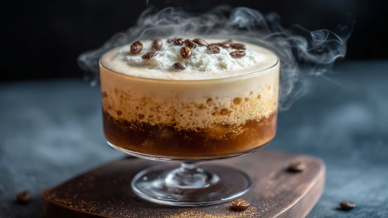 Delightful Coffee Creation: A Rich, Creamy Beverage Topped with Frothy Foam and Aroma-rich Coffee Beans for an Inviting Visual Experience