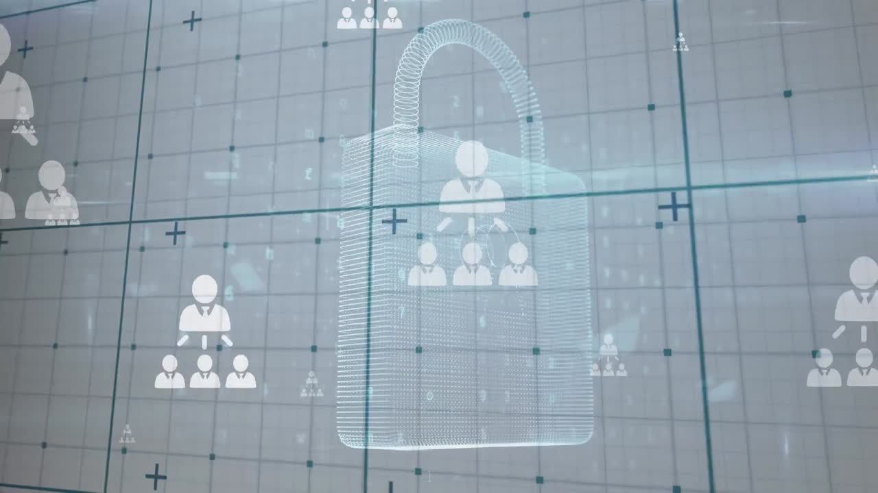 Animazione di una rete di connessioni su un lucchetto di sicurezza