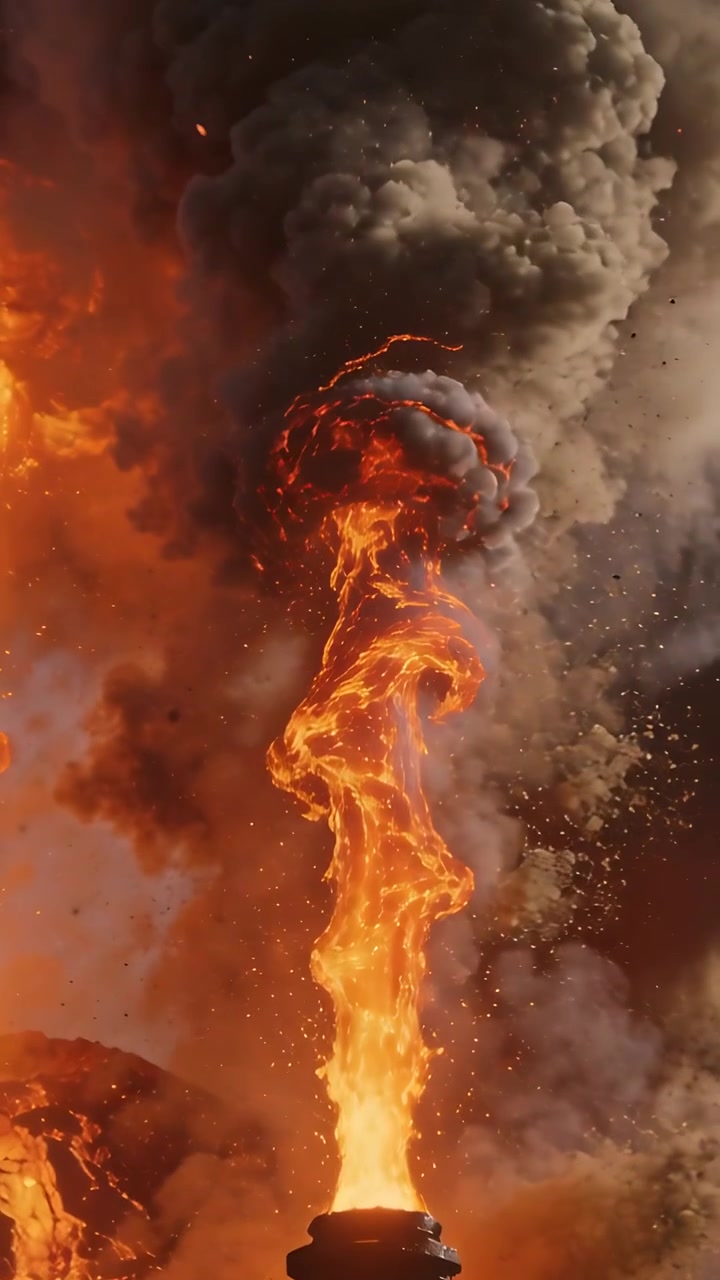 Video verticale: Sfiato roccioso in eruzione che sprigiona una colonna di fuoco a spirale e cenere fumante su un campo di lava