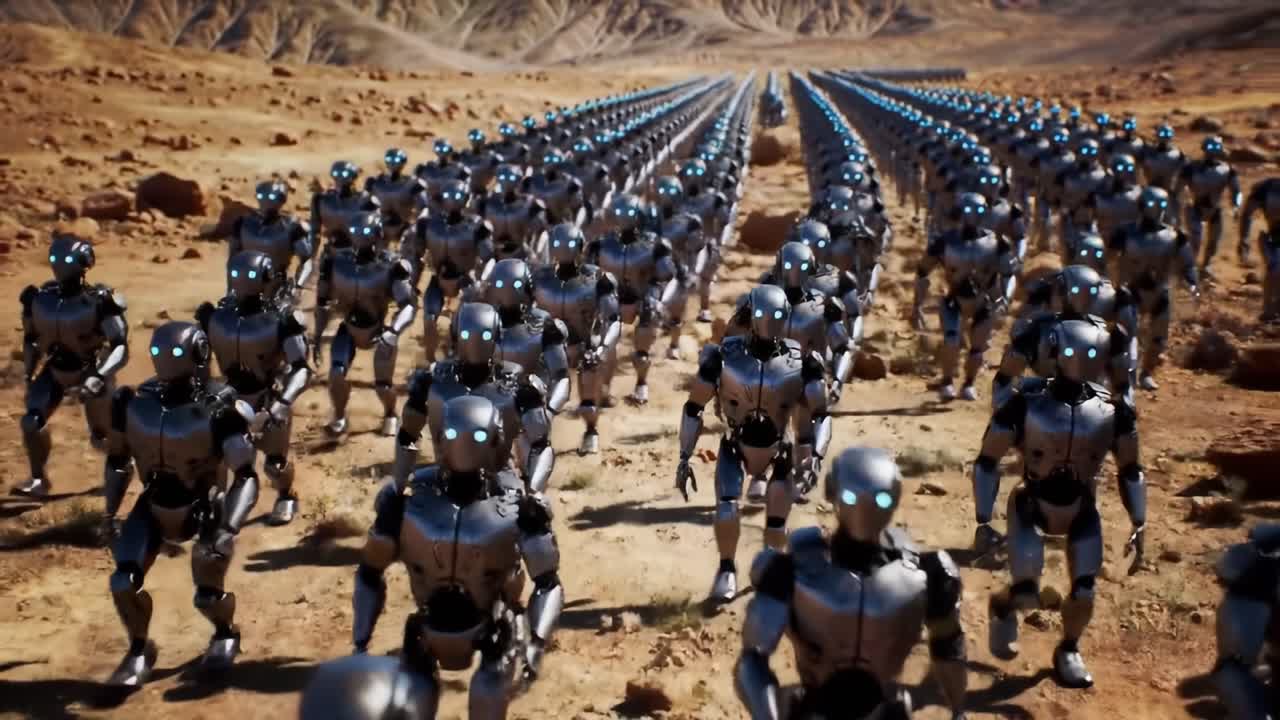 A Vast Army of Advanced Robots Marching Across a Barren Landscape, Exemplifying Futuristic Technology and Automation in a Bold, Sci-Fi Setting