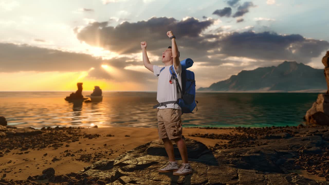 Full Body Side View Of Asian Male Hiker With Mountaineering Backpack Screaming Goal Celebrating The Success on Beach