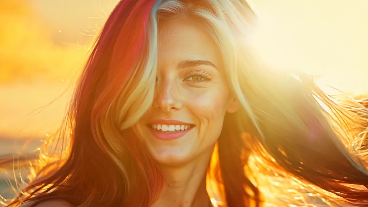 A woman with red, blue, and green hair is smiling. The hair is long and flowing, and the woman's face is bright and happy