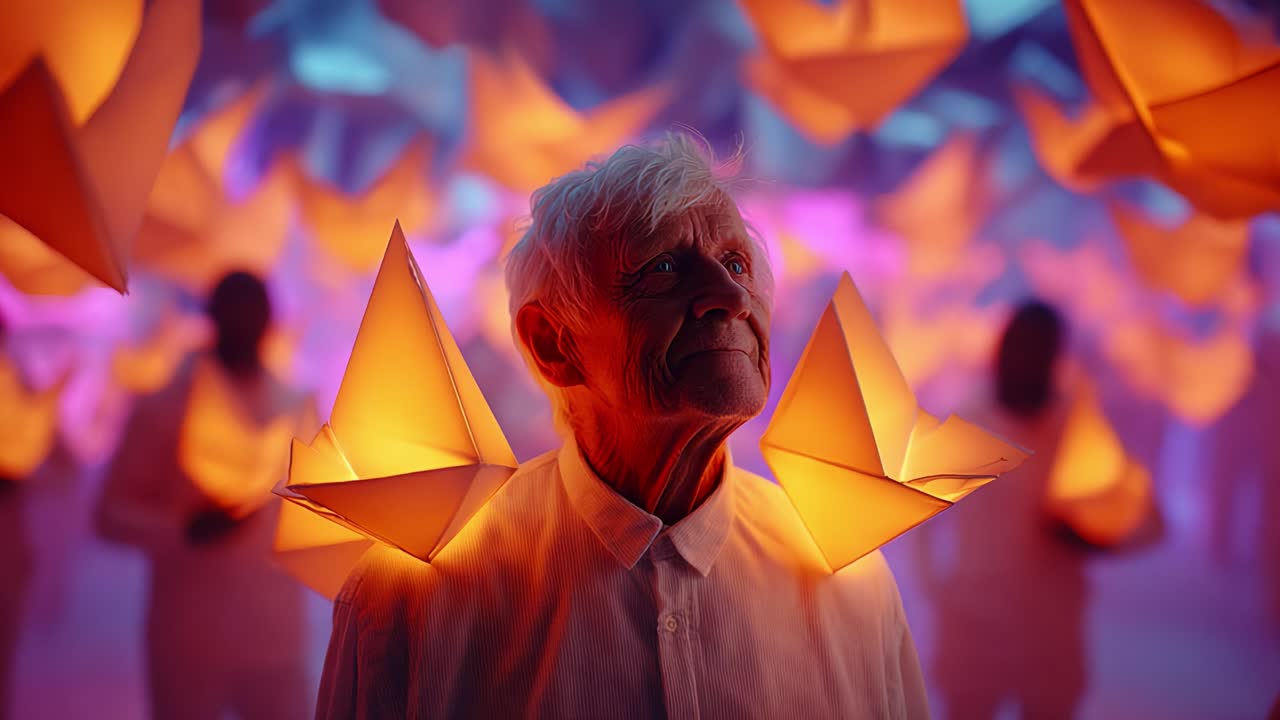 A Serene Elderly Man Surrounded by Illuminated Origami Boats, Evoking Themes of Hope, Reflection, and the Beauty of Aging in a Dreamlike Abstract Setting with Soft Lighting