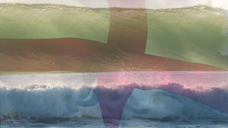animación de la bandera de inglaterra soplando sobre las olas en el mar