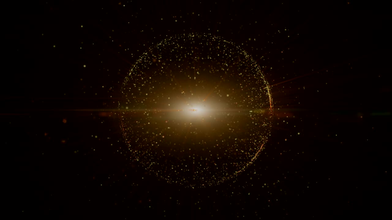 bucle sin costuras, animación en bucle fondo de movimiento volando partículas de oro y fuego en forma de círculo, haces de luz.