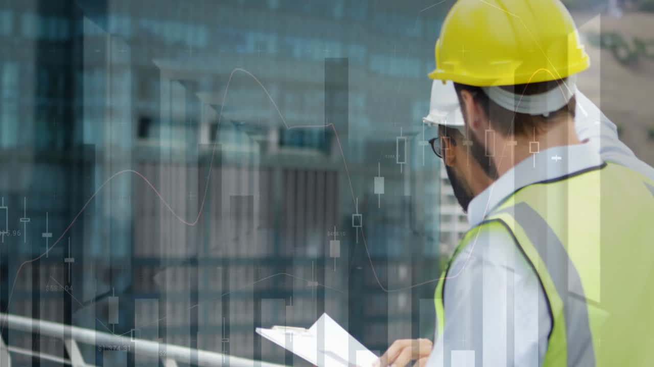 animación del procesamiento de estadísticas sobre arquitectos varones en el sitio de construcción