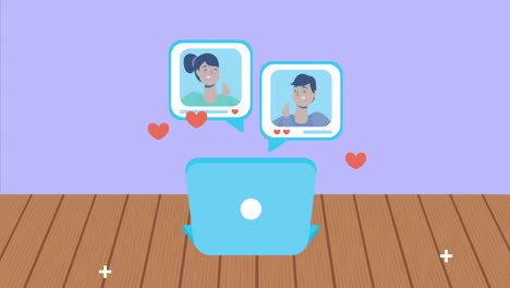 portátil con pareja en burbujas redes sociales
