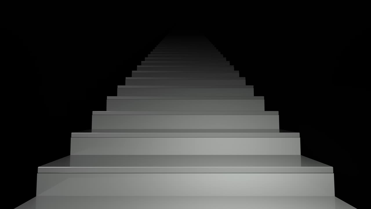 검은색 배경의 어두운 인테리어에서 계단: 영적 및 경력 발전, 개인 또는 비즈니스 개발, 비즈니스 성장, 4k의 3d 애니메이션 루프