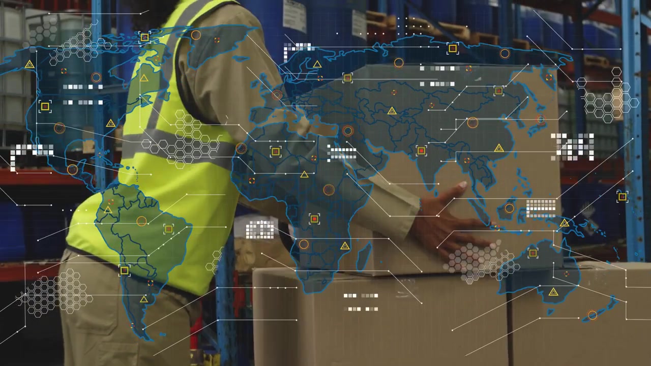 Female warehouse worker approaching pallet, repositioning boxes adjusting load, map or data overlay