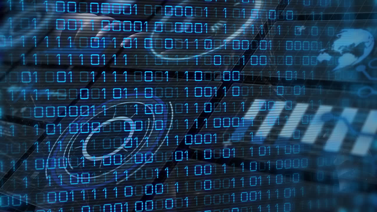 Binary code animation over globe and digital elements on abstract technology background