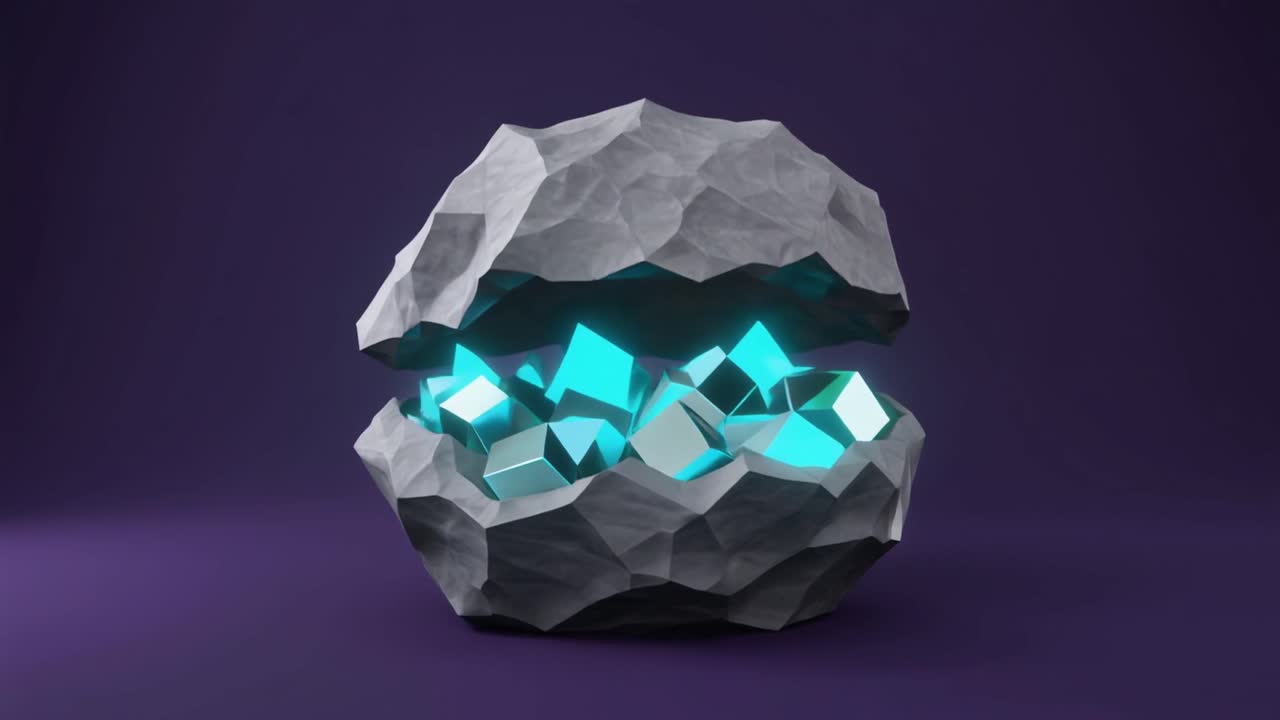 Low poly -kivi avautuu paljastaen hehkuvia sinisiä kristalleja