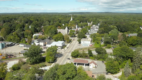 Aerial-Flyover-Drone-Footage,-Yarmouth,-Maine-Downtown,-USA