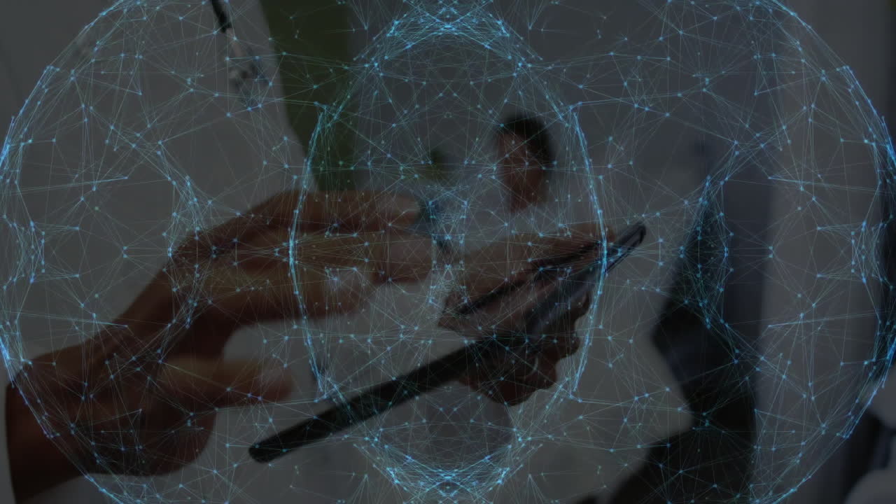 Healthcare professionals exchanging tablet in medical consultation, showing floating network nodes