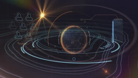 globe spinning and data processing over topography against black background