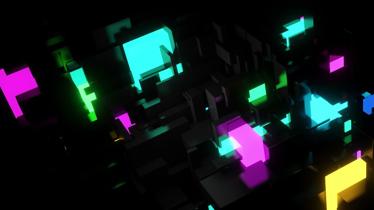 abstract looped 4k fondo oscuro cubos de neón bombillas. visualización de trabajo ai bigdata o tecnología de cadena de bloques. diferentes tamaños de cubos red parpadeando luz de neón multicolor, como la ciudad nocturna.