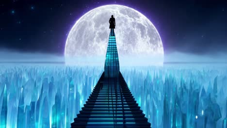 a silhouette ascends a crystal stairway to the moon