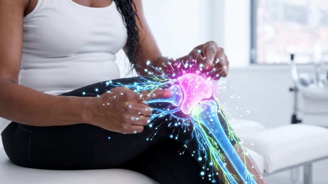 Gewrichtsgezondheid verkennen: visualisatie van knieanatomie met verbeterde graphics voor een beter begrip van pijnverlichting en mobiliteit tijdens fysiotherapiesessies.