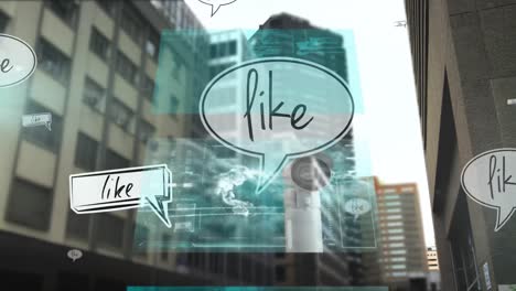 screens with data processing and like text on multiple speech bubbles against tall buildings