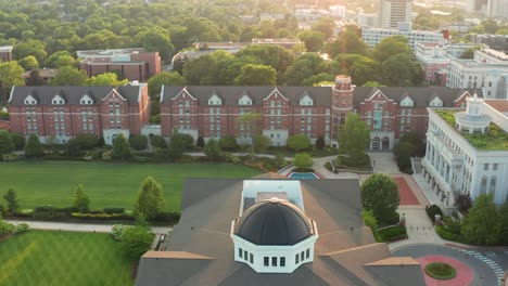 aerial of belmont university college campus at golden hour sunrise, sunset